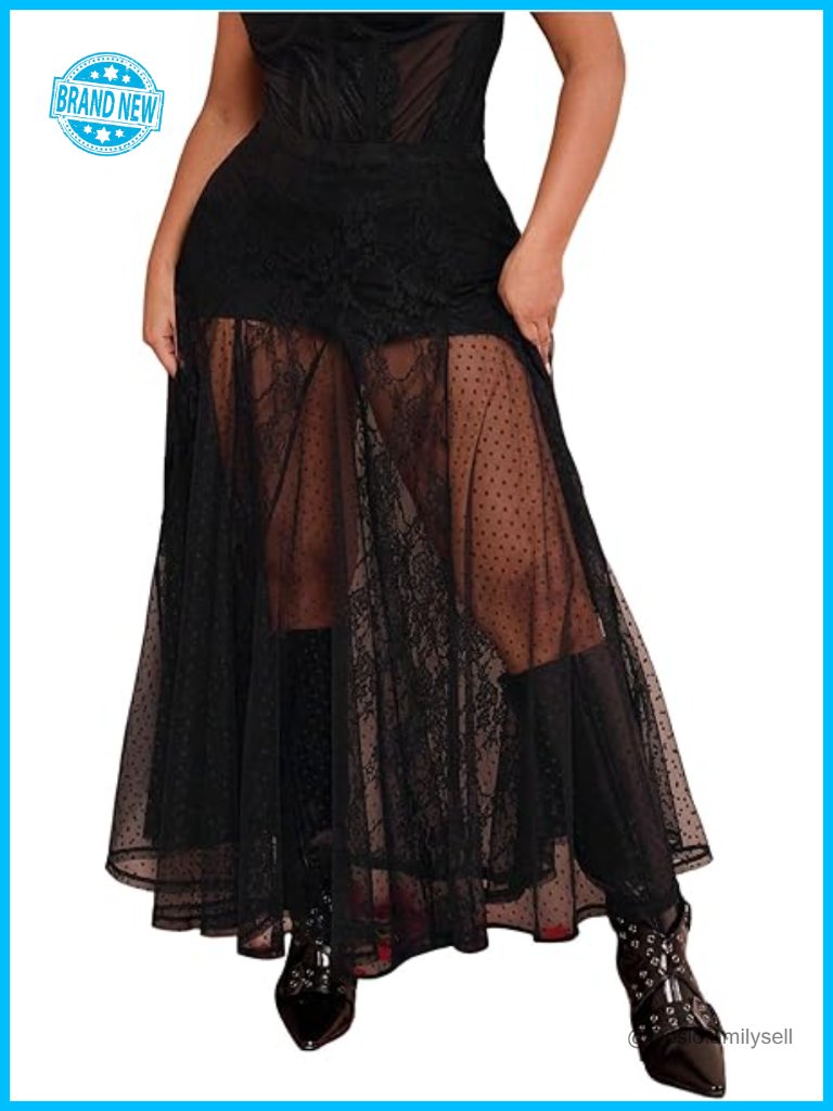 Plus Size Lace Mesh Sheer Maxi Skirt Flowy Flared High Waisted Tulle Skirt